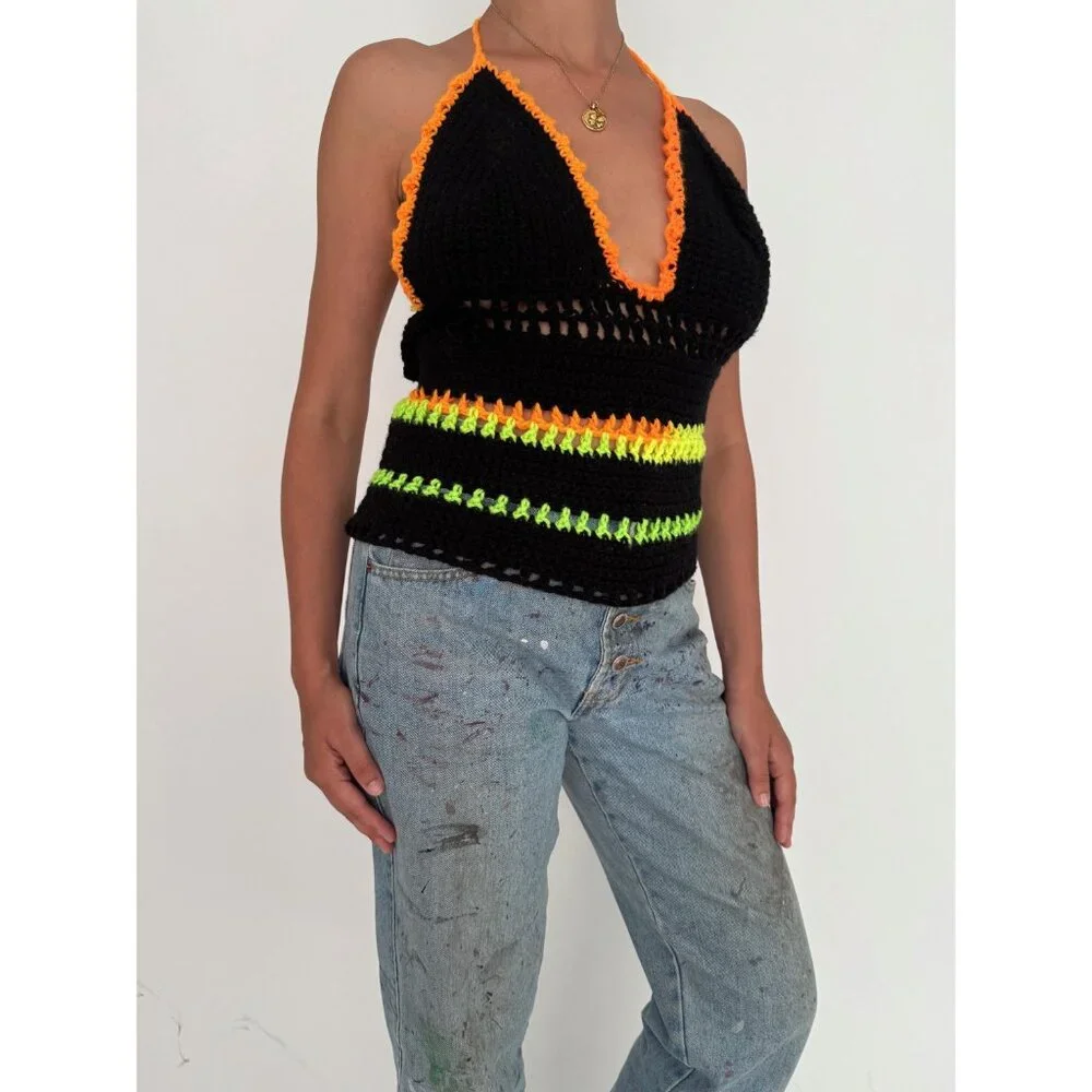 Vintage black colorful hand knit crochet festival backless halter tank crop top - Picture 6 of 10
